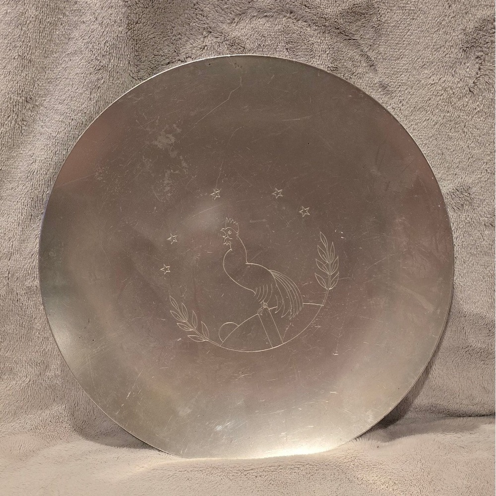 Vintage Kensington Aluminum Round Platter Etched Rooster Mid Century Modern 10"